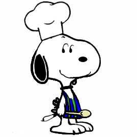 Snoopy wearing a blue apron, a chef's toque, and holding a wooden spoon.
